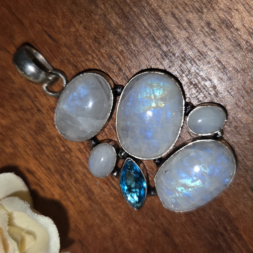 Moonstone & Synthetic Blue Topaz Multi Stone Pendant 925 Sterling Silver Overlay